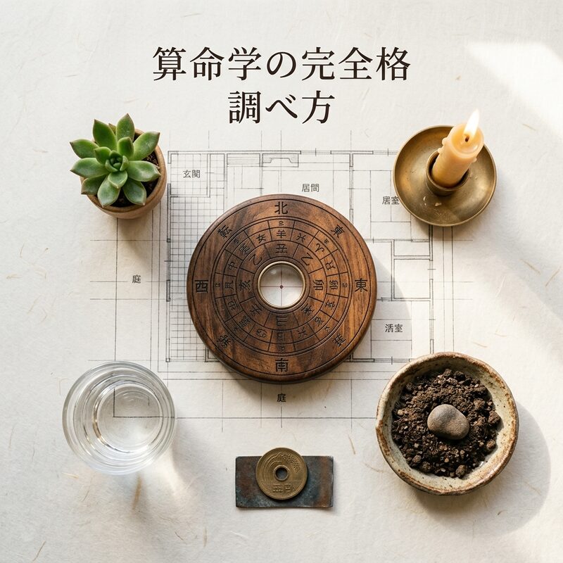 算命学の完全格の調べ方をテーマにした方位盤と五行を象徴する小物を和紙の上に配置したヘッダー画像
