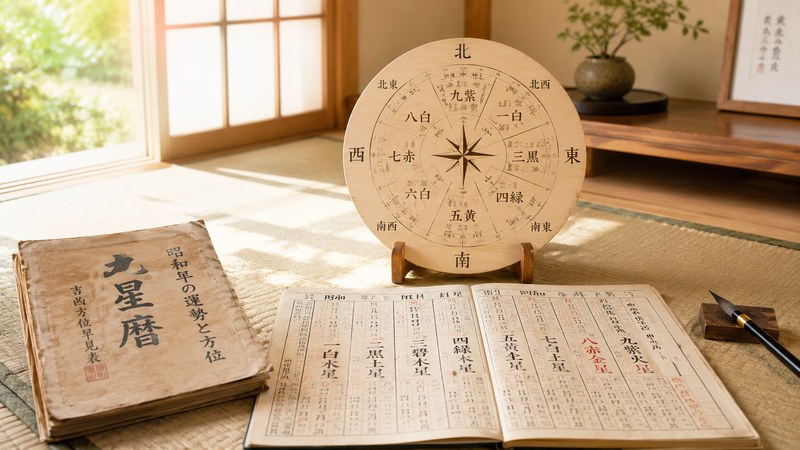 九星気学の方位盤と暦で年運月運日運のバイオリズムを説明する和室の写真