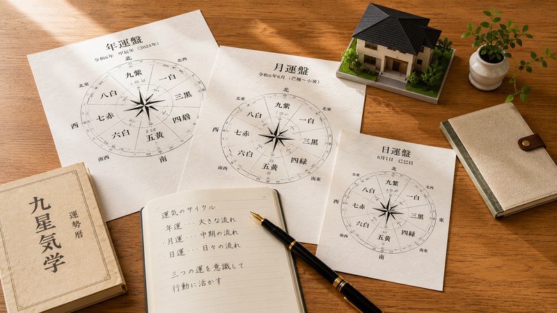 年運月運日運の違いを九星気学の資料と住まいの計画メモで整理する写真