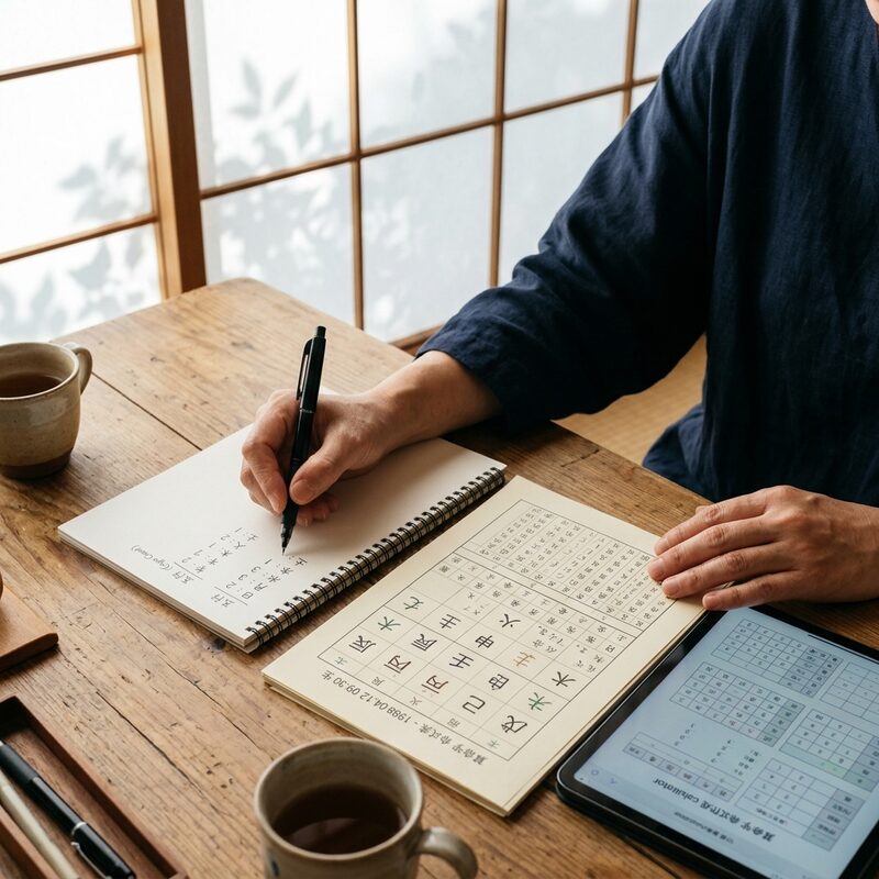 命式表とノートを前に五行を数えながら完全格の調べ方を確認する手元のシーン画像