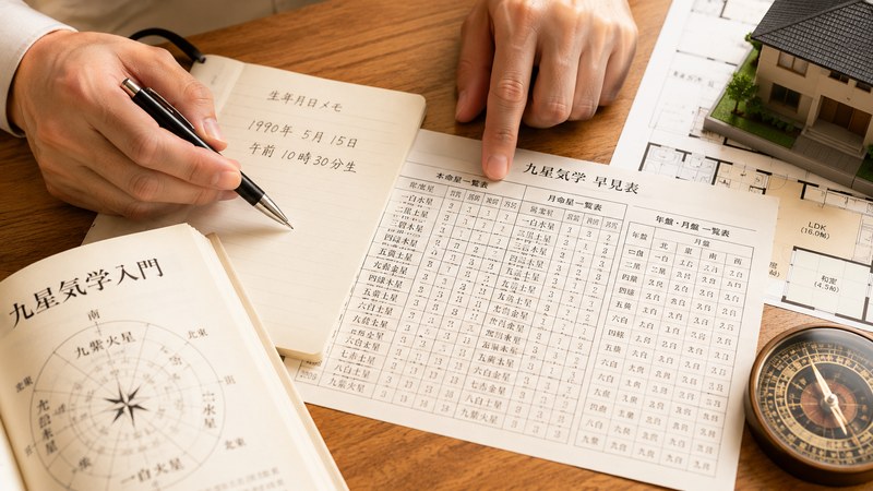 本命星と月命星を調べる九星気学の早見表と住まいの方位資料を確認する手元