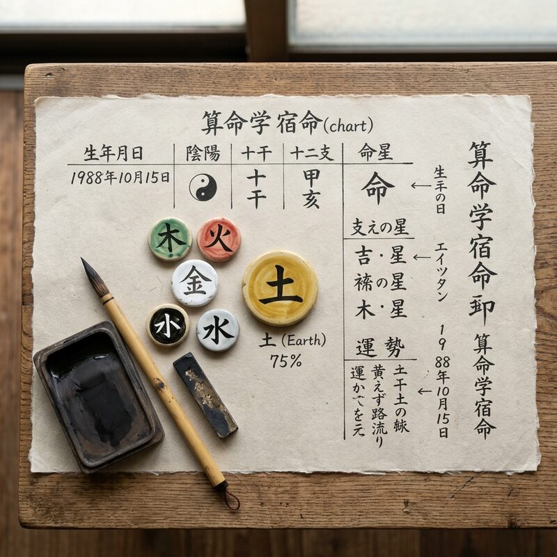 手書きの命式と五行のトークンで五行の偏りと守護神の透干を確認する俯瞰の画像