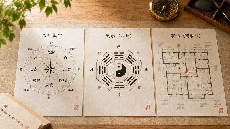 九星気学と風水と家相の資料を並べて流派による運気判断の違いを示す写真
