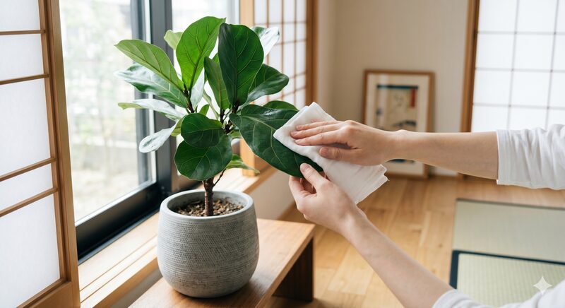 窓辺の観葉植物の葉を手入れする手元で開運インテリアの置き場所と配置のコツを表す画像