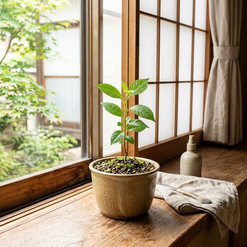 明るい窓辺で力強く育つ若い植物が完全格でなくても運を伸ばせることを象徴する画像