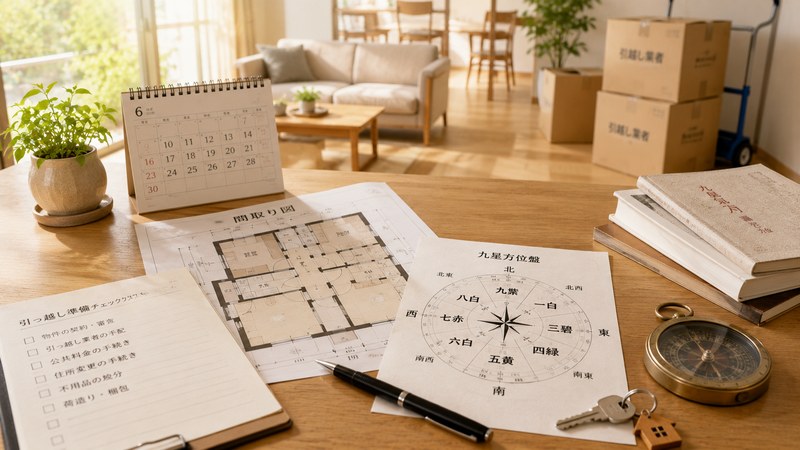 九星気学の方位盤と間取り図で引っ越し時期と吉方位を確認する住まい計画の写真