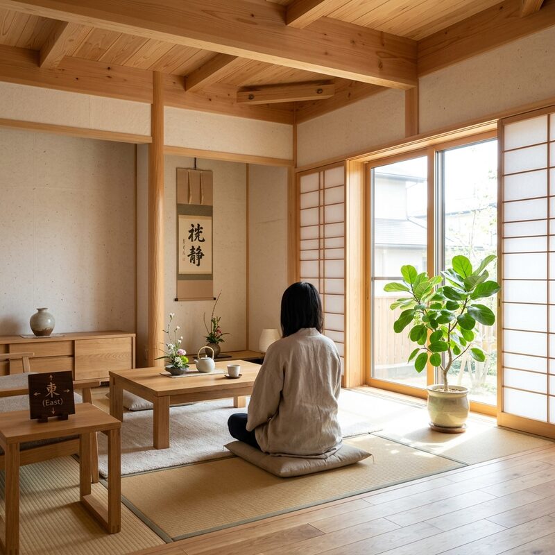 東向きの窓辺に観葉植物を置いた和の住空間で守護神の五行を住まいに活かす様子の画像