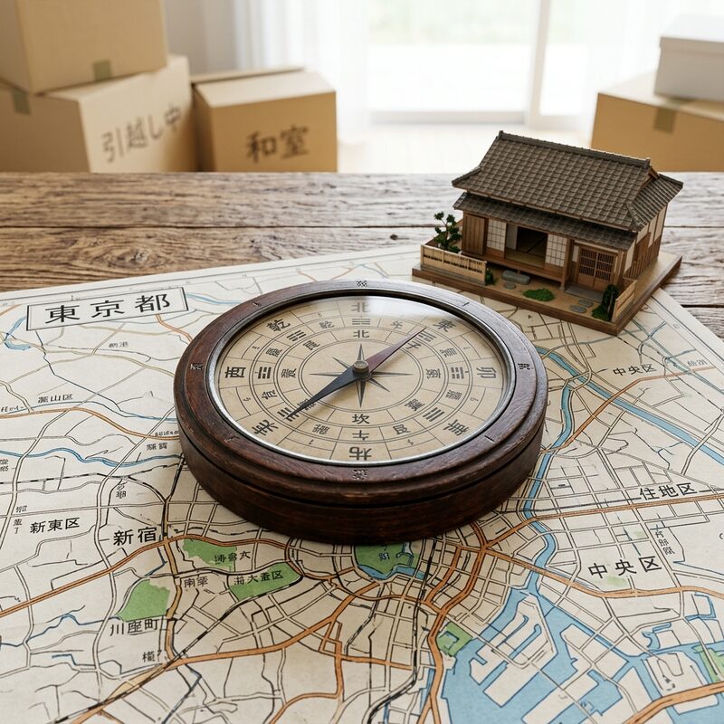 方位盤と地図と家の模型を配置し守護神の方位を引っ越しや吉方位取りに活かす様子の画像