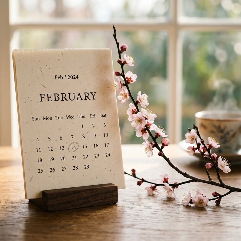2月のカレンダーと梅の花、立春の区切りを示す図解