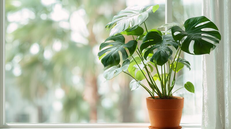 テラコッタ鉢に植えられた元気なモンステラ、上向きに広がる葉