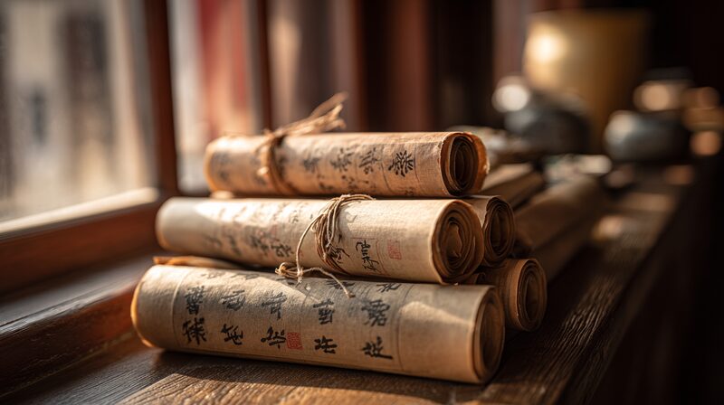 風水の古典書が積み重なった書斎、漢字が書かれた書物