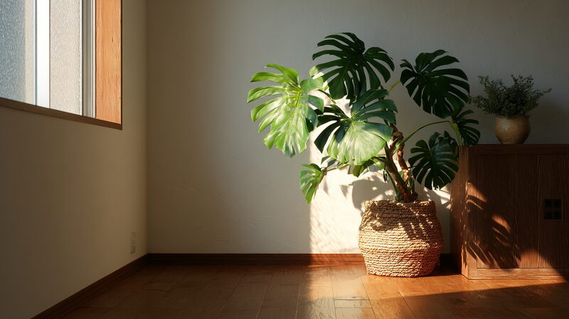 東南向きの窓から差し込む朝の光とモンステラが置かれた明るいマンションの部屋