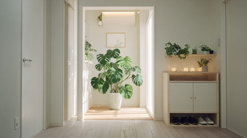 LED補助照明の下でモンステラに光が当たる明るい玄関