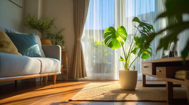 東南向き窓際のリビング、受け皿付きのモンステラ鉢