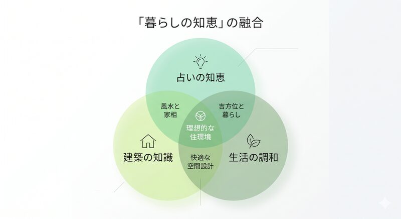 占術の理・建築の実・暮らしの利の3つを示すベン図インフォグラフィック
