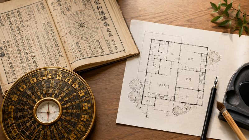 家相書と方位盤と手描きの間取り図を木机に並べ占術と建築の融合を表したイメージ