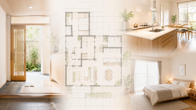 玄関キッチン寝室を見渡す清潔な日本の住宅内観に間取り図を重ねた場所別解説のイメージ