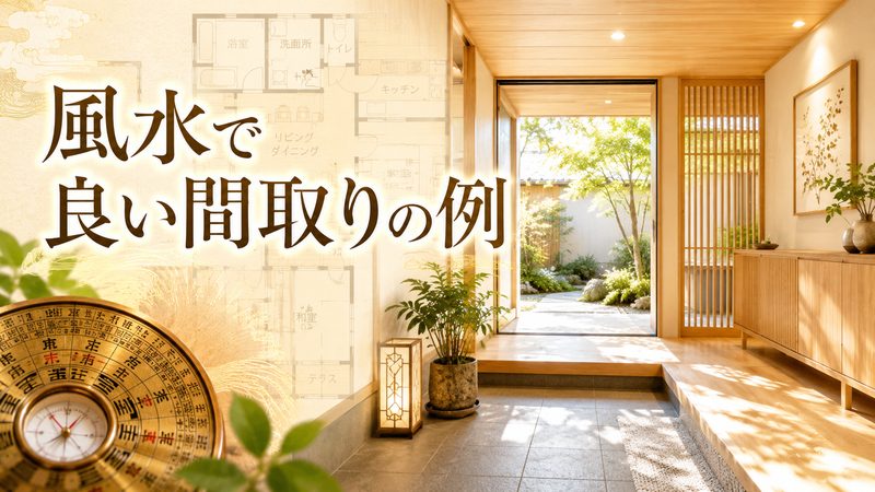 明るい和モダンの玄関と間取り図モチーフに方位盤をあしらった風水で良い間取りの例の記事ヘッダー画像