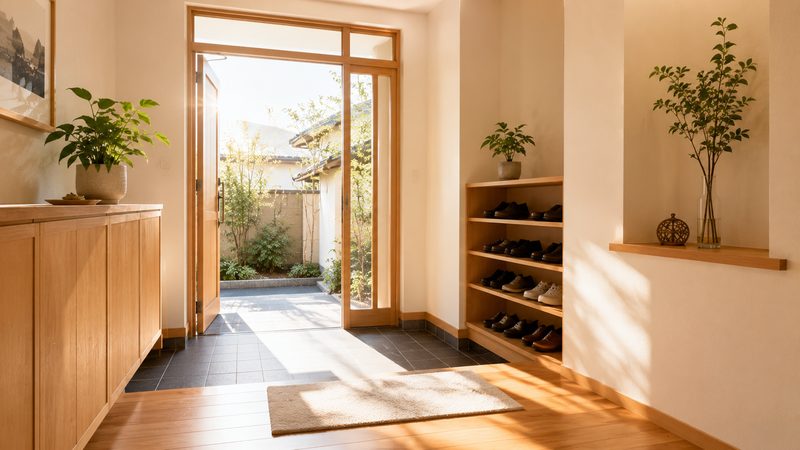 東向きで朝日が差し込む明るく整理された日本家屋の玄関に観葉植物を添えた良い玄関の例