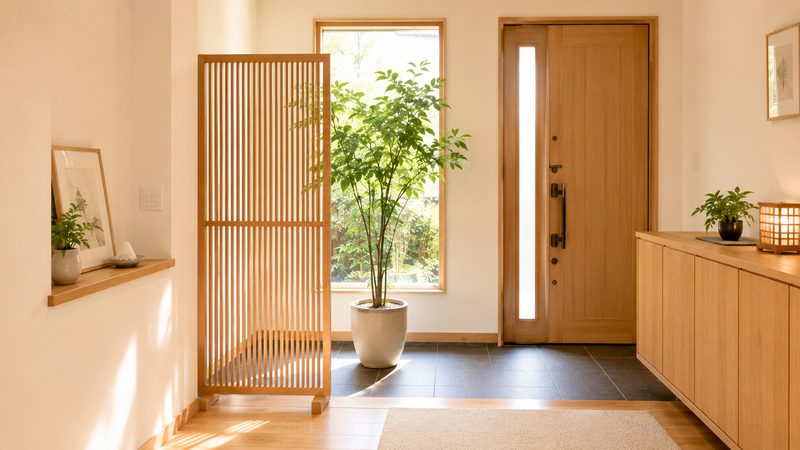 玄関正面の窓を背の高い観葉植物とパーテーションで和らげるNG間取りの回避策のイメージ