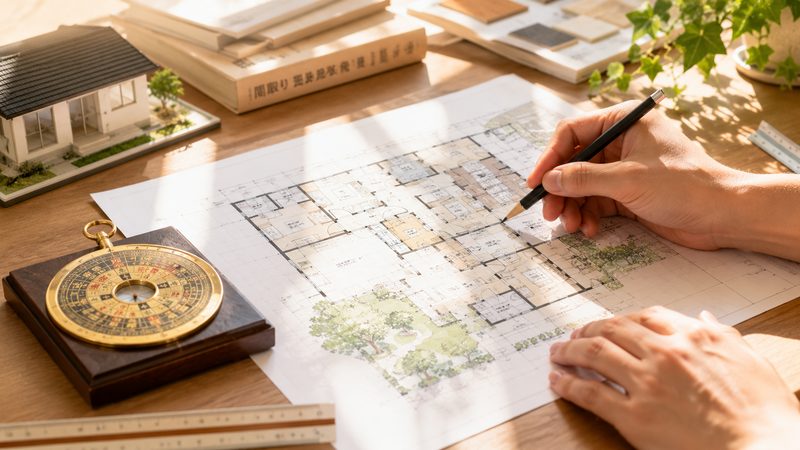 間取り図面と方位盤と鉛筆を机に広げ風水を考えた注文住宅の設計を進める手元のイメージ