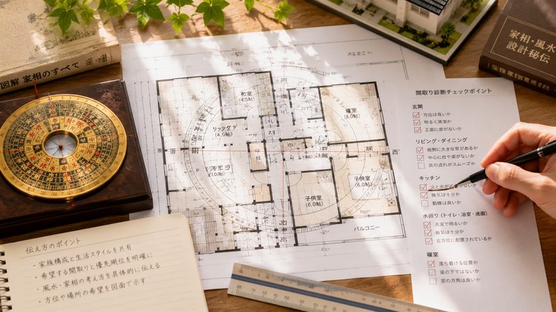 間取り図に方位盤を重ねチェックを入れる建築と占術両面のプロの間取り診断のイメージ