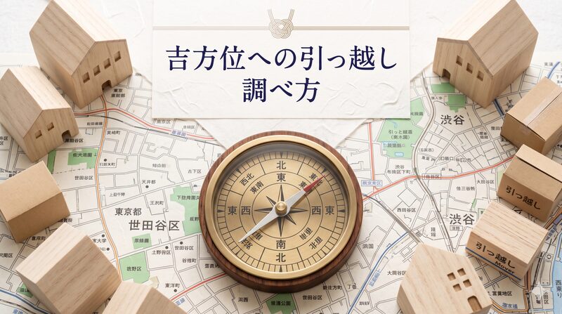 方位盤と地図と家の模型を配置した吉方位への引っ越しの調べ方を表すヘッダー画像
