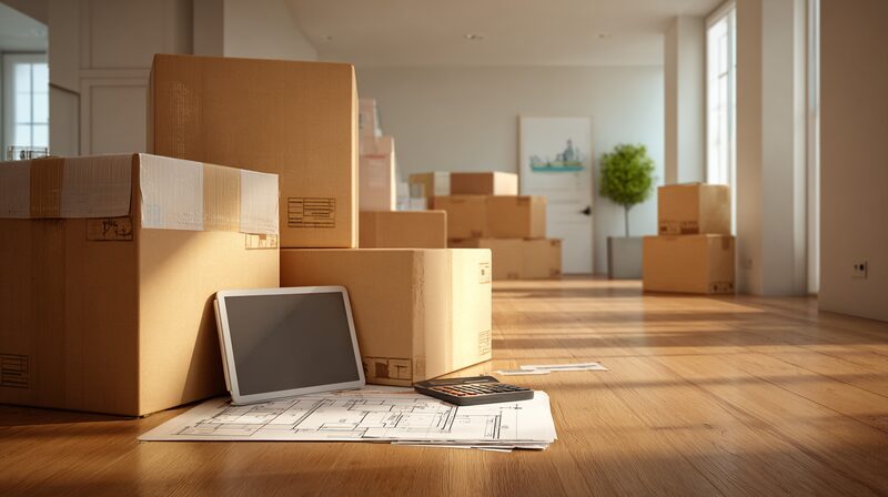 引っ越し用の段ボールと見積もり比較画面で費用を確認する明るい部屋のシーン画像
