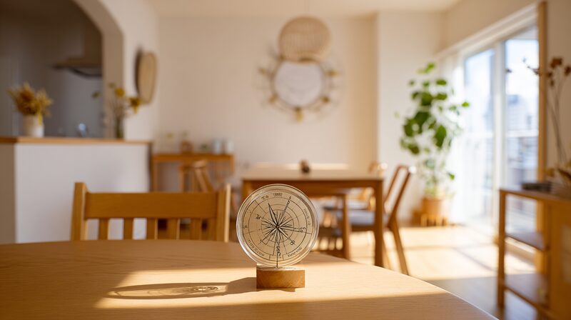 採光と風通しの良い明るい和の住空間に方位盤を添え方位と住環境の両立を表す画像