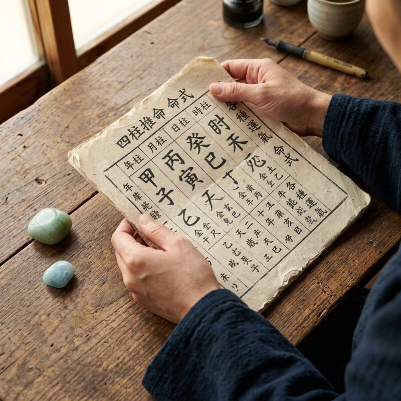 四柱推命の命式が書かれた和紙の横に用神に対応するパワーストーンが添えられた手元のクローズアップ