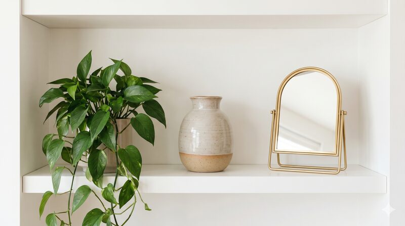 観葉植物と陶器と真鍮の鏡を色と素材で整えた開運インテリアの選び方を表す画像