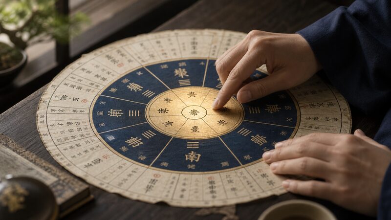 方位盤の中宮に本命星が入る八方塞がりの仕組みを示すイメージ