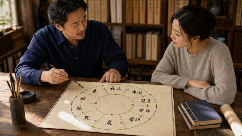 四柱推命の十二運の基礎を解説する建築士のイメージ