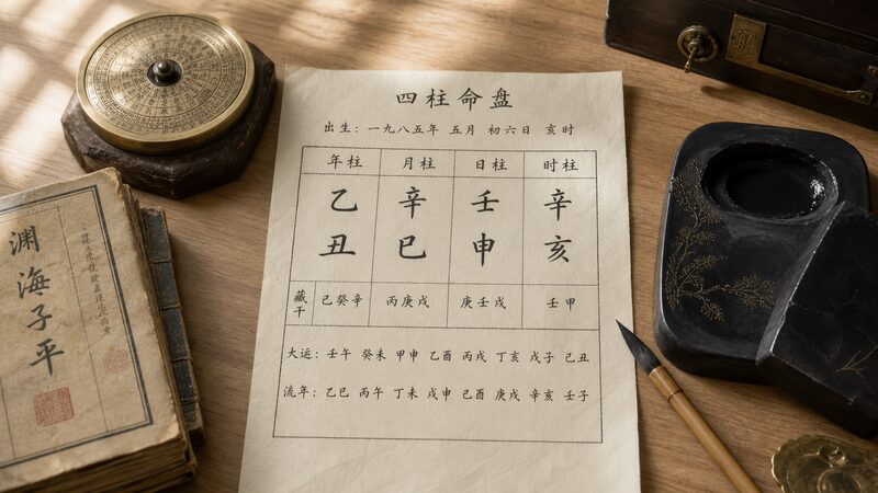 四柱推命の仕組みを表す命式と万年暦のイメージ