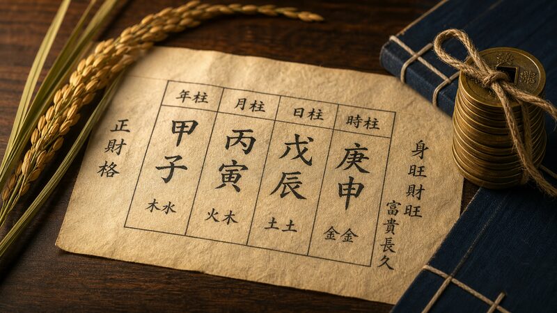 四柱推命の命式表と実り・堅実な財を象徴する正財のイメージ