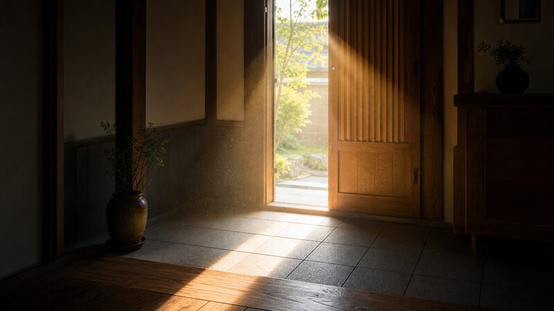 玄関の扉から朝の光が差し込む様子。風水で玄関は気の入り口とされる