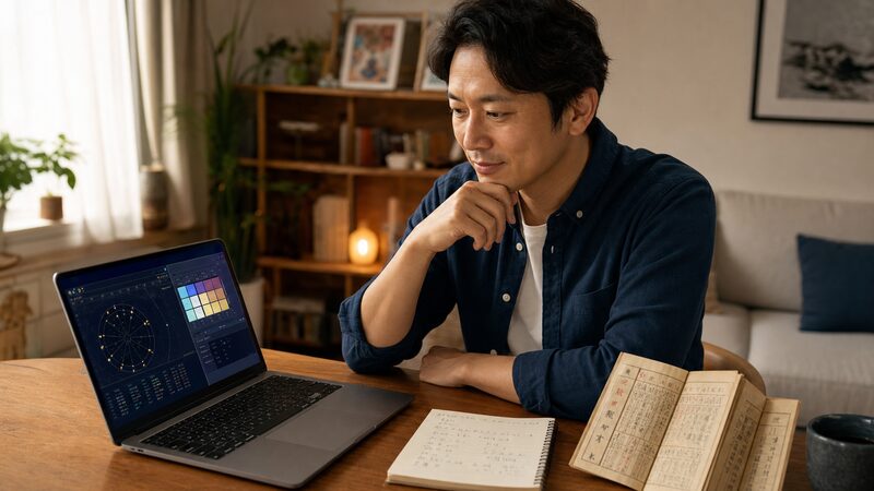 八方塞がりの年に該当するか確認する東アジア系男性のイメージ