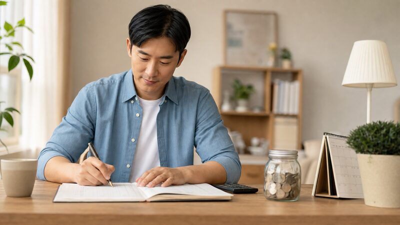 家計簿をつける堅実で几帳面な正財タイプの人物のイメージ
