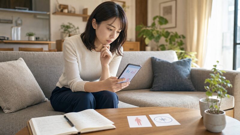 スマホで2つの占い結果を見比べて迷っている女性のイメージ