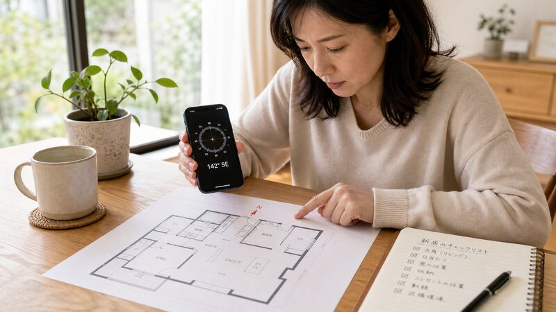自宅の間取り図とコンパスで欠けの方位を確認する様子