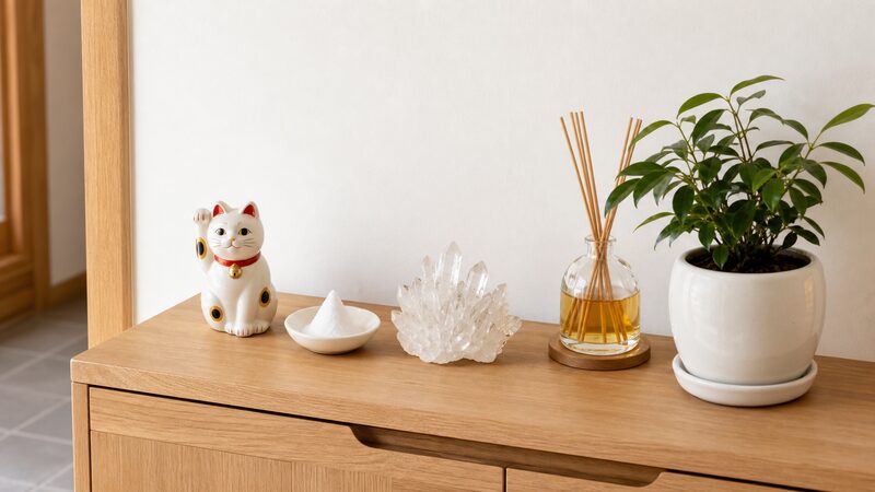 玄関に置くと良いものの例。招き猫・盛り塩・水晶・アロマ・観葉植物
