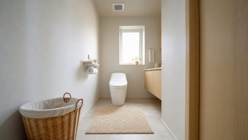 綿素材の洗えるトイレマットと洗濯かごのある清潔なトイレ
