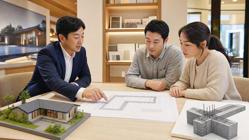 L字型の家の採光と耐震設計を確認する建築士
