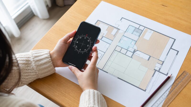 間取り図とスマホのコンパスで玄関の方角を調べる女性の手元