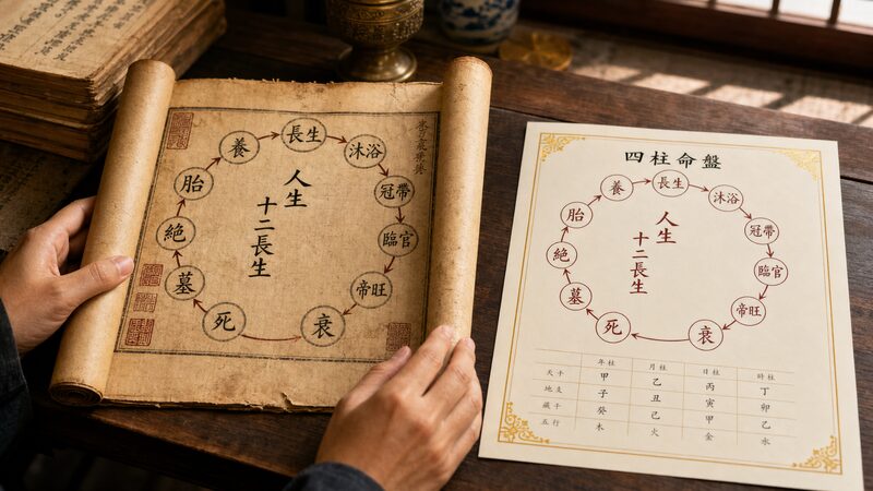 四柱推命の十二運星とは何かを表す命式と干支のイメージ