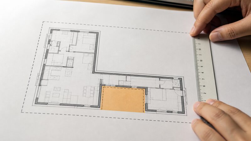 L字型の間取りに最小の矩形を重ねて欠けを示す図解