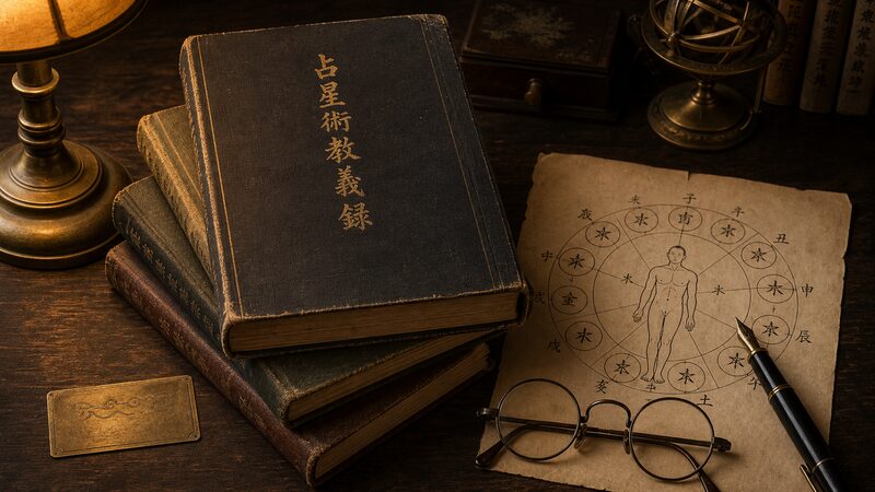 算命学の人体星図と古い書物、陰占陽占の二重構造を表すイメージ