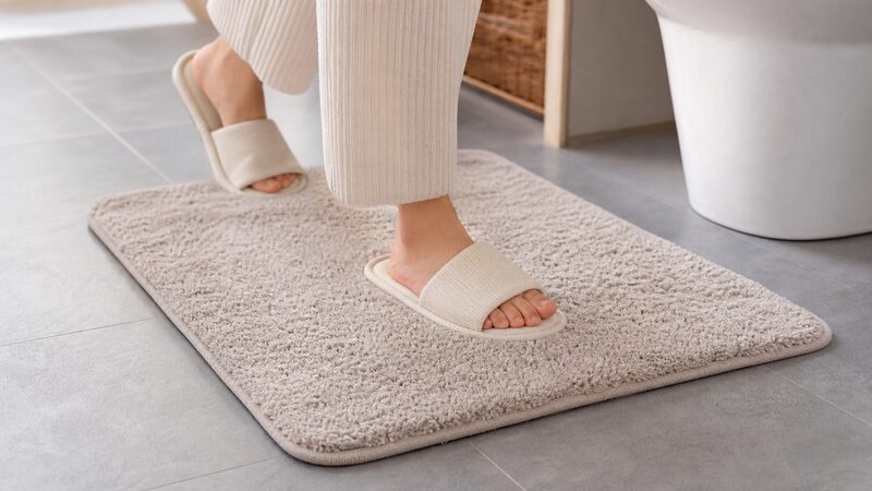 トイレの足元に敷いたマットで冷えと滑りを防ぐ様子