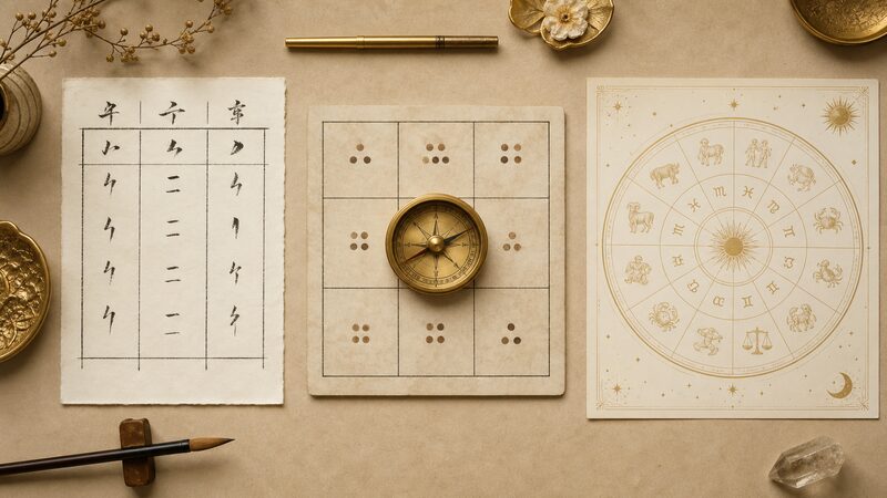 四柱推命・九星気学・西洋占星術の違いを並べて比較したイメージ