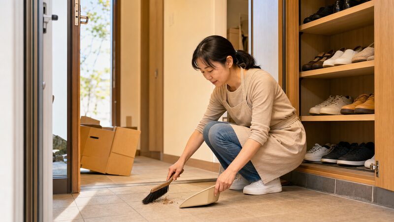 玄関のたたきを掃除して気の通り道を整える女性